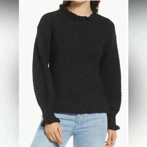 [S]Madewell Black Ruffle-Neck Pullover Sweater in  Cotton-Merino Yarn